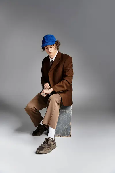 A handsome young man in a brown suit and baseball cap gazes down at his watch in a vibrant studio. — Fotografia de Stock