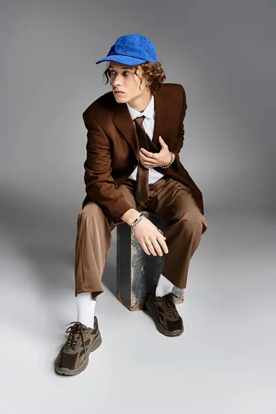 A handsome young man dressed in a brown suit and blue cap sits contemplatively on a box in the studio. — Stock Photo