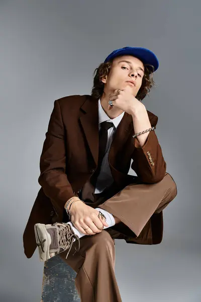 A stylish young man exudes charm in a brown suit and baseball cap, showcasing his unique fashion sense. — Stock Photo