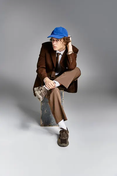 Un jeune homme élégant en costume marron et casquette de baseball met en valeur son ambiance unique dans un espace studio élégant. — Photo de stock