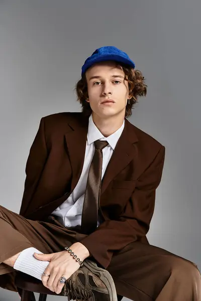 A stylish young man dressed in a brown suit and baseball cap sits confidently in a modern studio. — Stock Photo