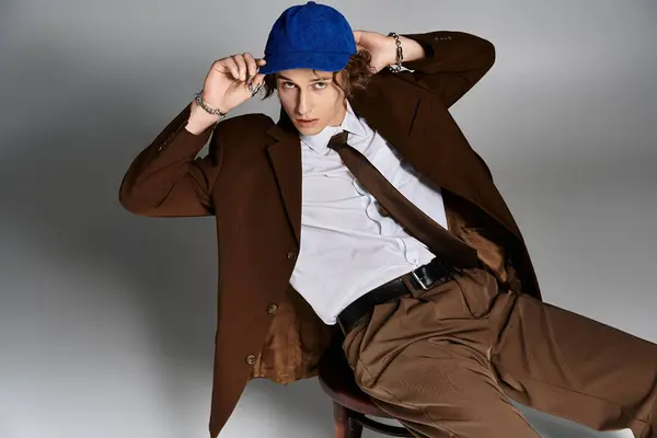 A handsome young man showcases his unique style, dressed in a brown suit and a vibrant blue baseball cap. — Stock Photo