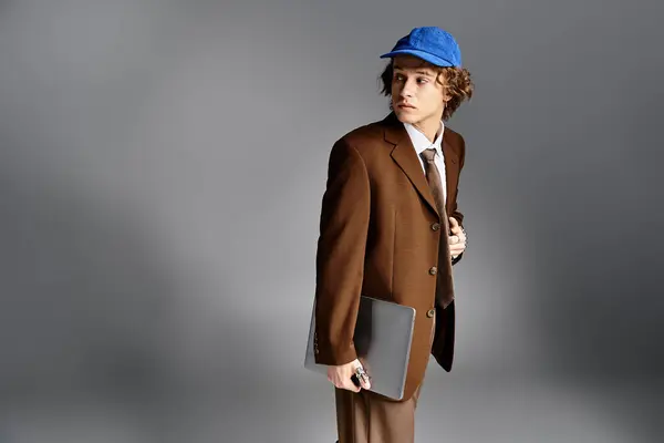 A dapper young man, dressed in a brown suit and cap, stands poised in a modern studio, exuding charm. — Stock Photo