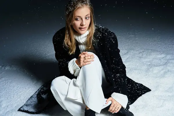 This young beautiful woman sits gracefully in the snow, embracing the winters chill and magic. — Stock Photo