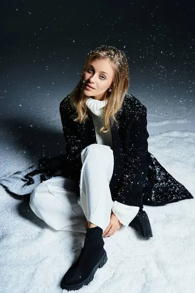Uma bela jovem mulher desfruta da serenidade de cair de neve enquanto vestida com trajes de inverno elegantes. — Fotografia de Stock