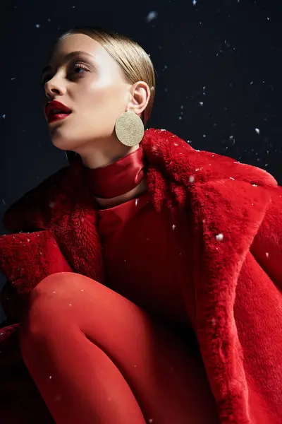 A young woman embodies elegance and style in her bold red attire surrounded by gentle falling snow. — Stock Photo