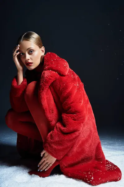 A beautiful young woman in a vibrant red coat sits gracefully, deep in thought, showcasing elegance. — Stock Photo