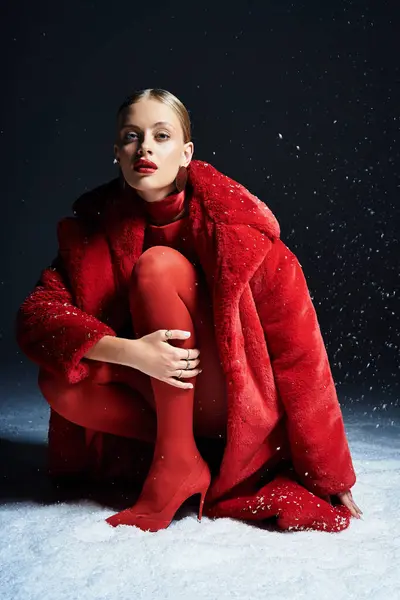 A stunning woman elegantly crouches amidst falling snowflakes, showcasing a vibrant red ensemble. — Stock Photo