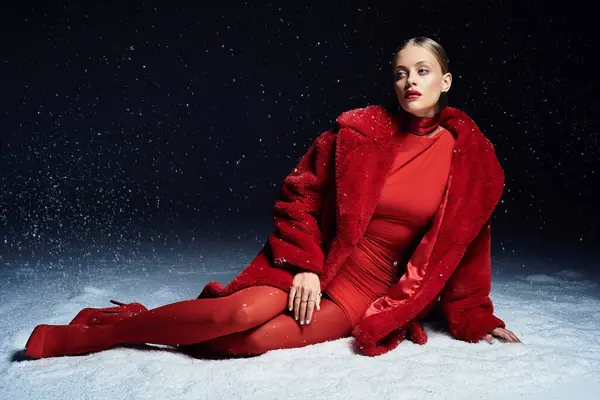 The young woman in red relaxes elegantly on a snowy ground while snowflakes fall softly. — Stock Photo