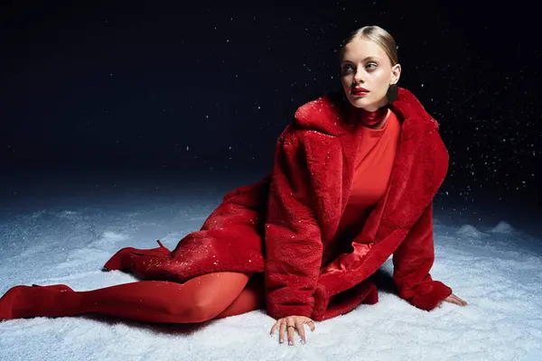 The young woman displays graceful elegance in a vibrant red ensemble while resting on soft snow. — Stock Photo
