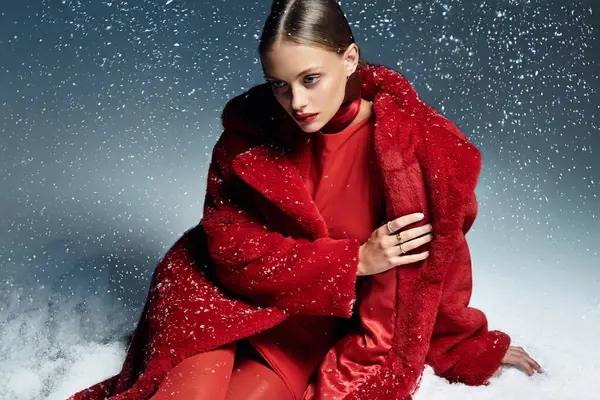 A young woman in elegant red fur sits in falling snowflakes, capturing winters charm. — Stock Photo
