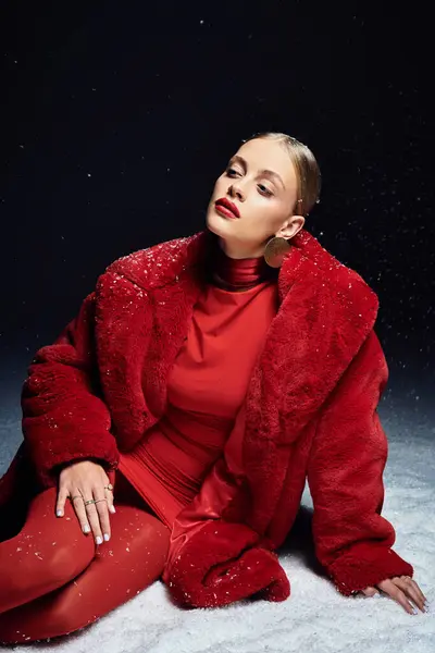 A beautiful young woman dressed in red thoughtfully poses against a snowy background. — Foto stock