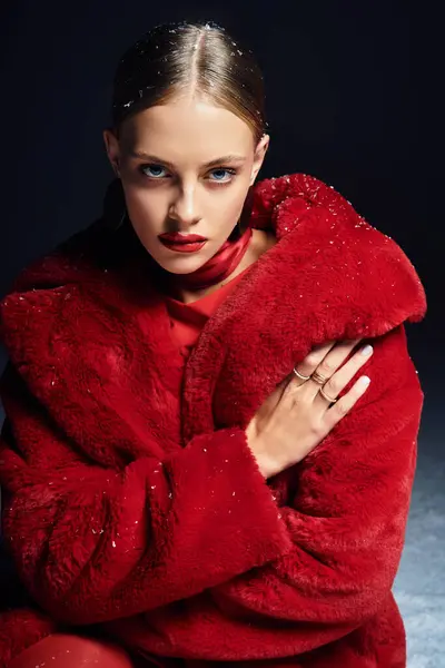 The young woman captivates with her striking gaze and vibrant red attire in a dramatic setting. — Stock Photo