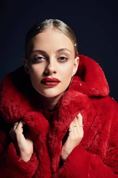A young beautiful woman showcases a stunning red coat while striking a captivating pose. — Stock Photo