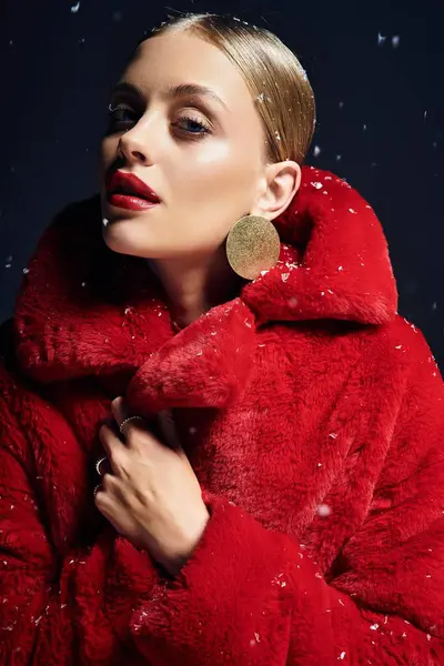 Una donna splendida in un cappotto rosso vibrante posa con grazia nella neve dolcemente caduta. — Foto stock