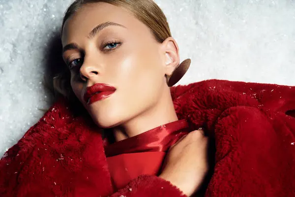 A stunning young woman with bold red lips showcases winter fashion in a snowy landscape. — Stock Photo