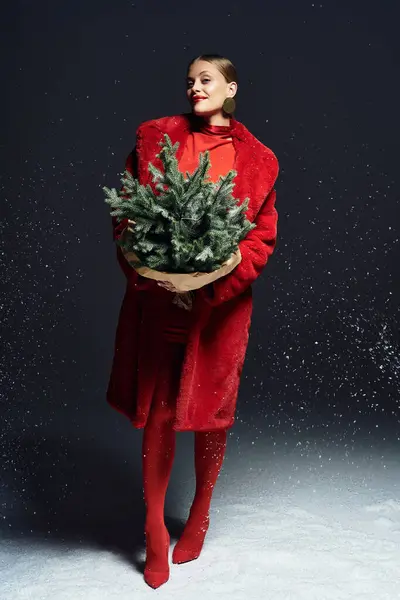 The beautiful woman radiates joy while holding a small decorated tree in a snowy setting. — Stock Photo