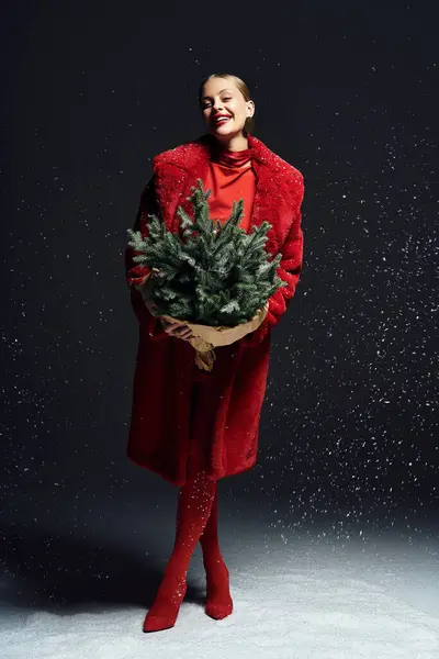 A young woman dressed in red embraces winter magic as she holds a mini Christmas tree. — Stock Photo