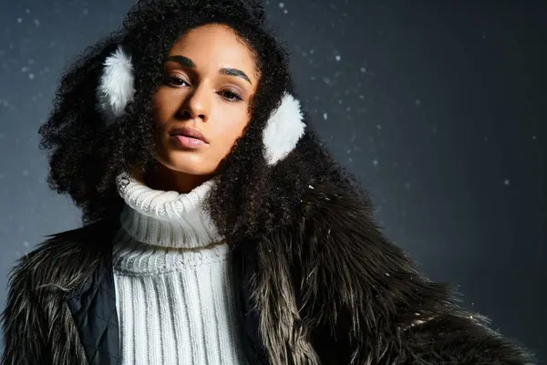 A stunning brunette flaunts winter style with earmuffs and a cozy faux fur jacket in a studio setting. — Stock Photo