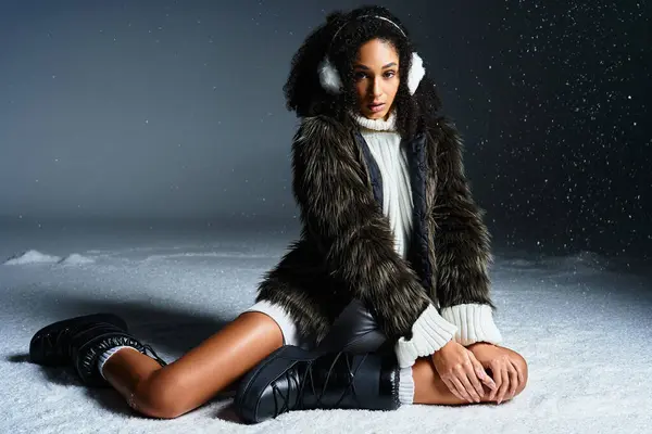 Una donna bruna modella chic abbigliamento invernale, con paraorecchie e una giacca di pelliccia ecologica in uno studio sereno. — Foto stock