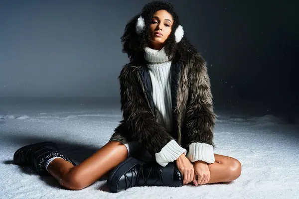 A beautiful brunette woman showcases cozy winter fashion with flair in a chic studio environment. — Stock Photo
