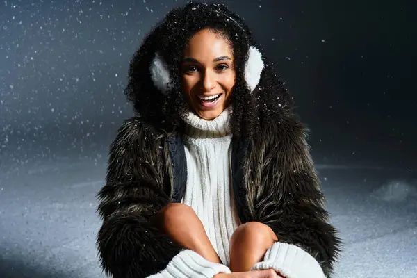 A stylish, brunette woman in earmuffs and a faux fur jacket exudes confidence while posing in a winter-themed studio. — Stock Photo