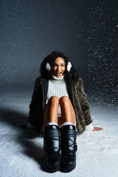 Excited brunette woman joyfully poses in a faux fur jacket and earmuffs, celebrating winter fashion. — Stock Photo