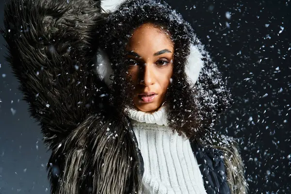 Eine stylische brünette Frau präsentiert Wintermode mit Ohrenschützern und einer kuscheligen Kunstpelzjacke, während Schneeflocken fallen. — Stockfoto