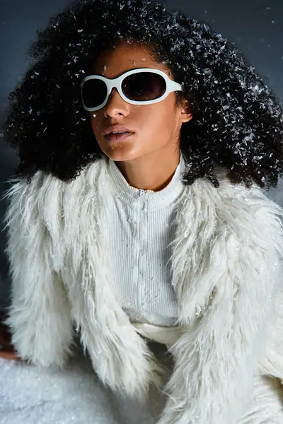 A beautiful woman showcases winter fashion in a chic white ski suit and faux fur jacket, exuding confidence. — Stock Photo