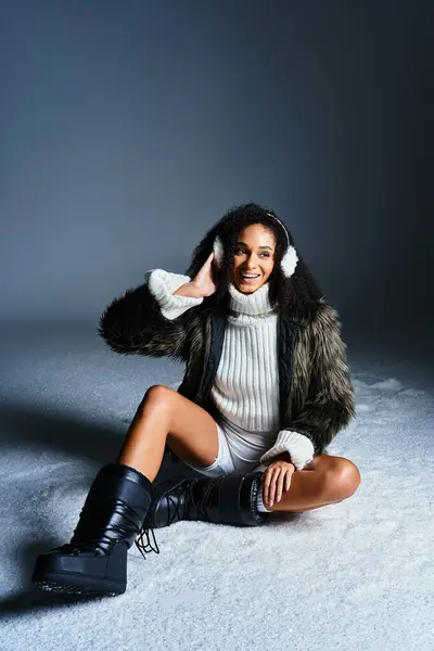 Una bella donna afroamericana gode della moda invernale, indossando paraorecchie e una giacca di pelliccia sintetica alla moda. — Foto stock