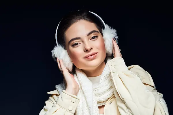 Una donna abbraccia la stagione invernale con paraorecchie alla moda e una sciarpa calda, sorridendo calorosamente.. — Foto stock