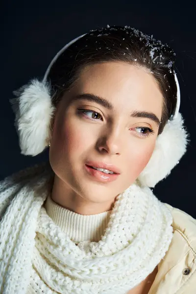 A woman with glowing skin wears warm earmuffs and a soft scarf, exuding winter charm. — Stock Photo