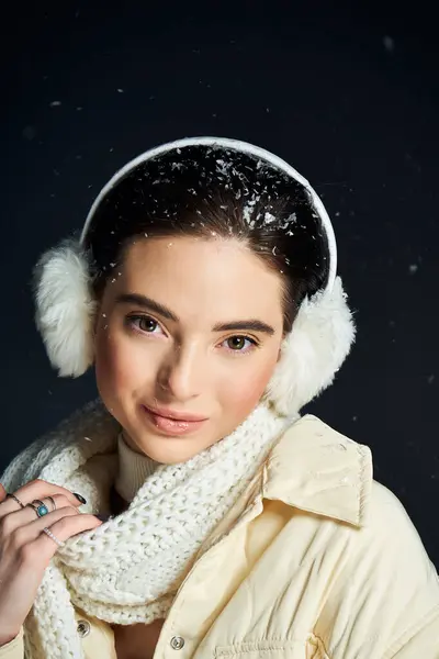 Una bella donna adornata in accoglienti vestiti invernali sorride tra i fiocchi di neve che cadono. — Foto stock