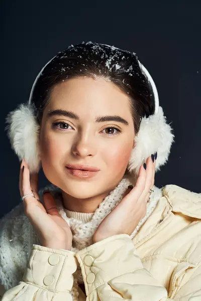 Eine junge Frau begrüßt den Winter mit flauschigen Ohrenschützern und einem stylischen Outfit und lächelt herzlich. — Stockfoto