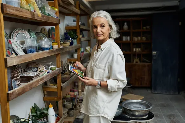 A beautiful mature woman curates vibrant ceramics in her cozy, artistic workspace. — Stock Photo