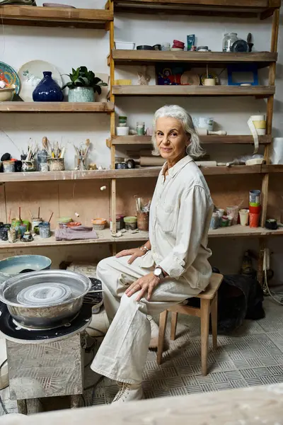 A skilled artist is focused on crafting pottery in her inviting and creative workspace. — Stock Photo