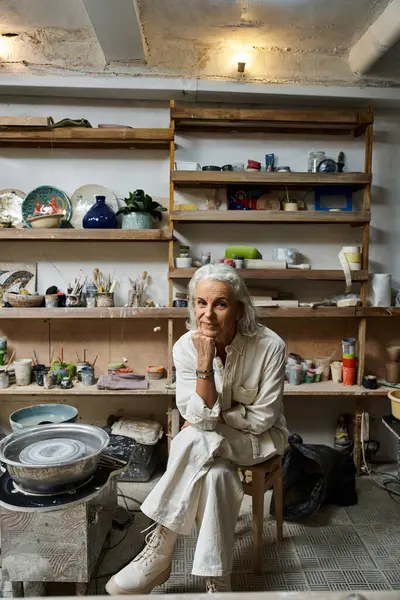 Uma mulher graciosa cria arte de cerâmica em seu estúdio sereno e inspirador. — Fotografia de Stock