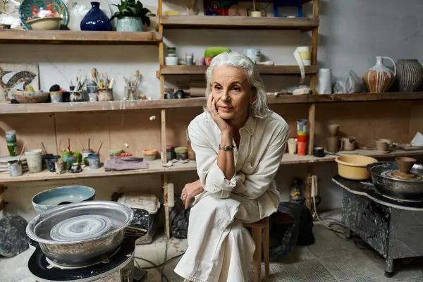 The mature woman sits thoughtfully in her pottery studio, surrounded by her creations and materials. — Stock Photo