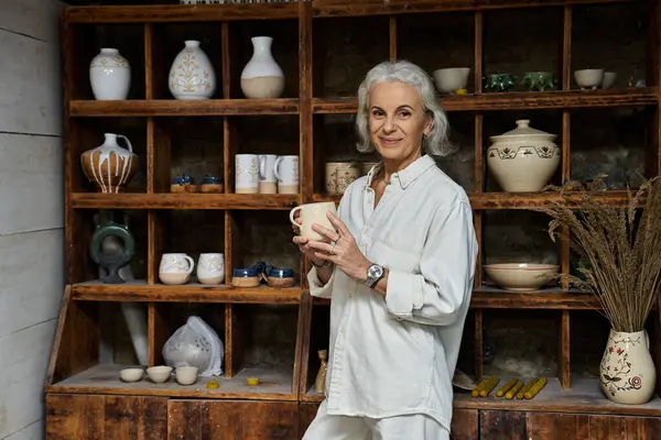 The mature woman smiles while showcasing a beautiful handmade cup in her ceramic workshop. — Stock Photo
