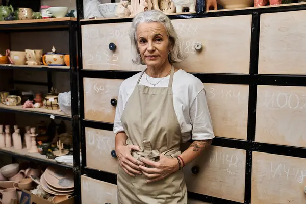 A beautiful mature woman stands proudly in her pottery workshop, crafted pieces all around her. — Stock Photo