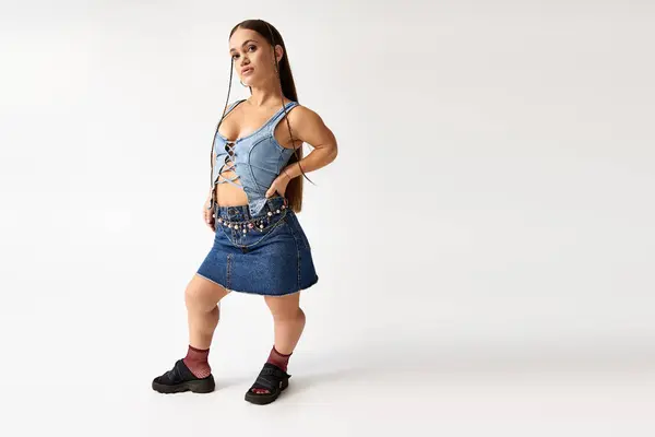 A young woman proudly showcases her fashion-forward denim outfit in a sleek studio environment. — Stock Photo