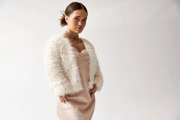 A stylish young woman with achondroplasia wearing a faux fur jacket and dress poses elegantly in a studio. — Stock Photo