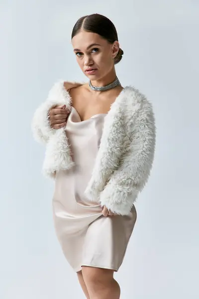 Stylish woman with achondroplasia radiates confidence in a chic dress and faux fur jacket. — Stock Photo
