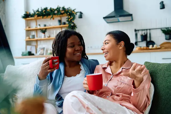 Deux femmes partagent des moments joyeux tout en sirotant un café dans un salon confortable orné pour la saison. — Photo de stock