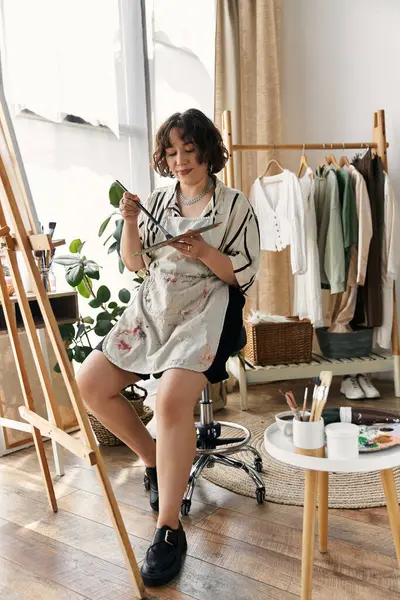 A young woman with curly hair joyfully paints on an easel in her modern apartment during the day. — Stock Photo
