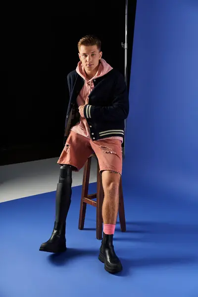 Joven en un taburete muestra su pierna protésica en ropa casual con estilo. - foto de stock