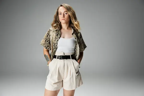 Mujer con vitiligo muestra su estilo en pantalones cortos ligeros y una camisa estampada. - foto de stock