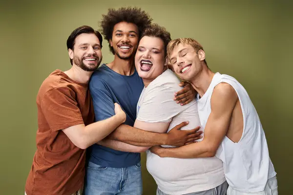Friends celebrate their identities together, radiating courage and joy in a colorful atmosphere. — Stock Photo