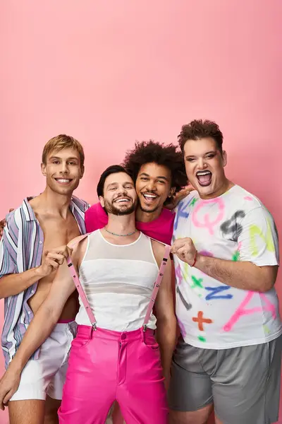 Four friends showcase their vibrant styles and joyful spirit, celebrating queer pride together. — Stock Photo