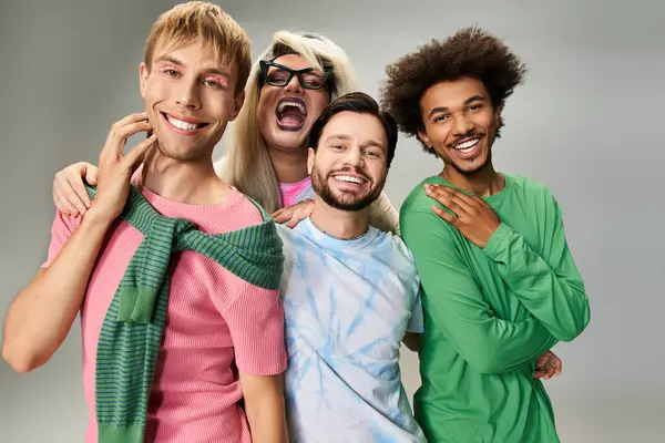 Friends dressed in colorful outfits express their joy and support for LGBTQ pride together. — Stock Photo
